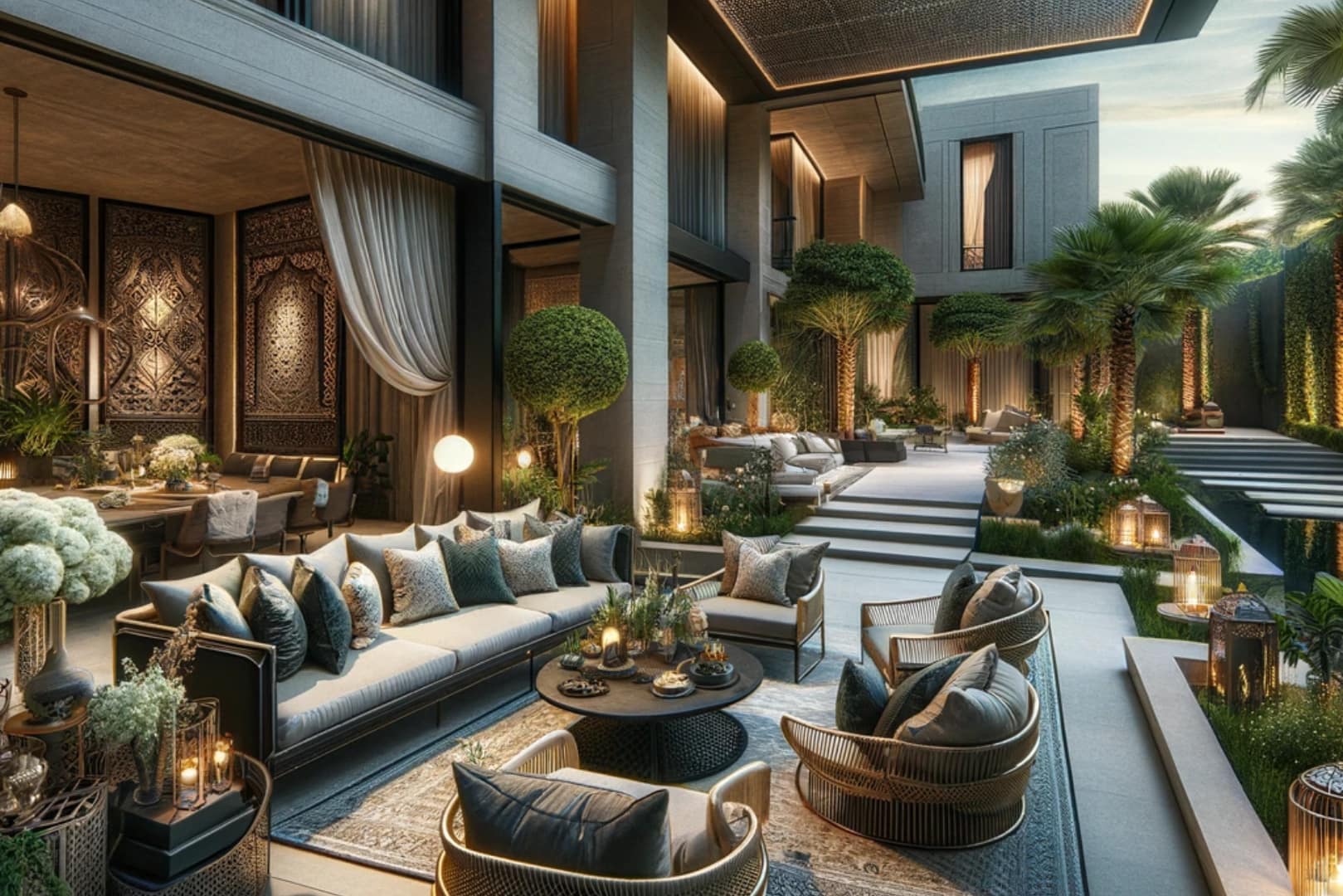 Luxurious outdoor living area in a high-end home, with plush seating, sophisticated decor, and a beautifully landscaped garden, embodying upscale outdoor elegance.