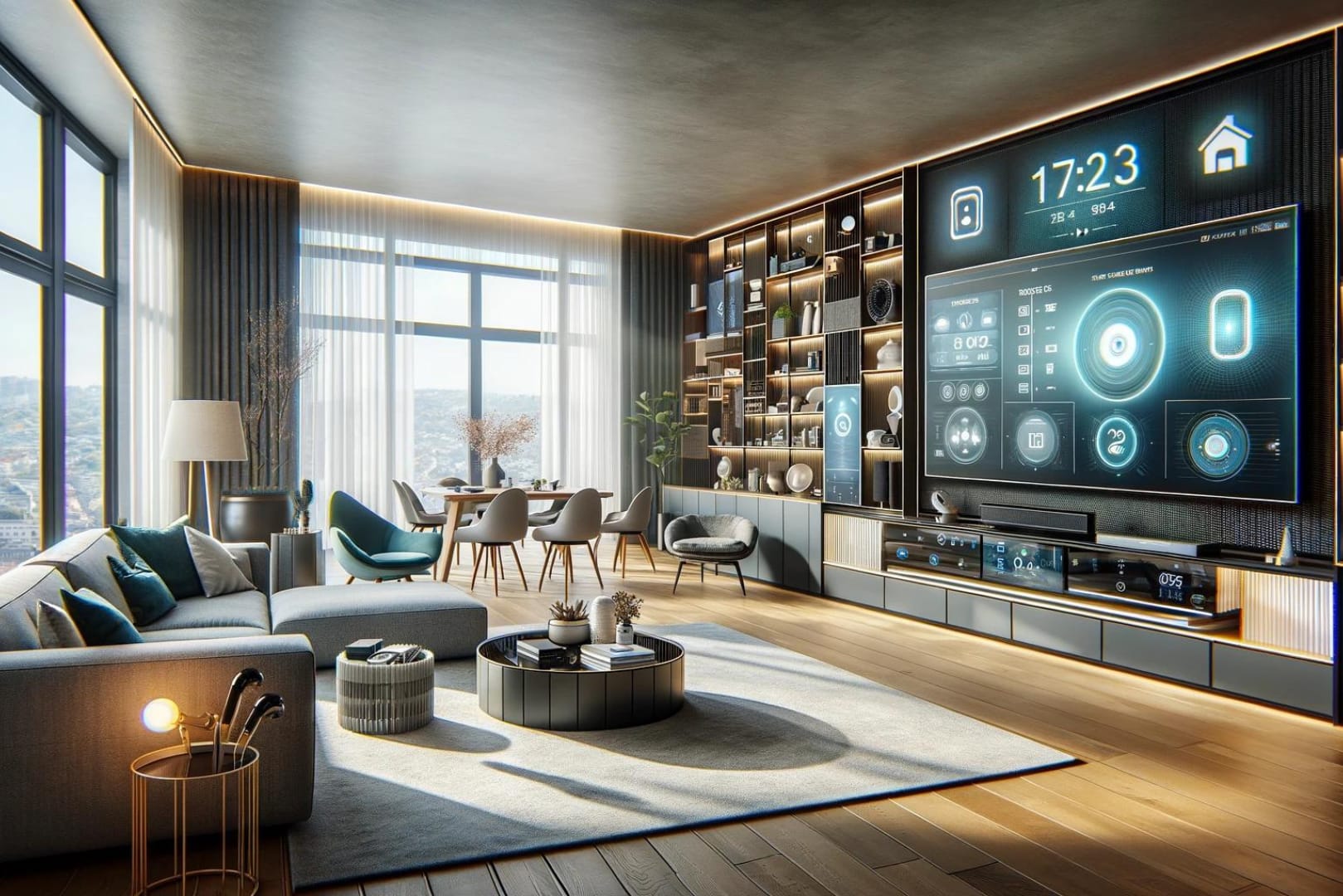 Contemporary living room with integrated smart home system featuring voice-controlled entertainment and automated lighting.